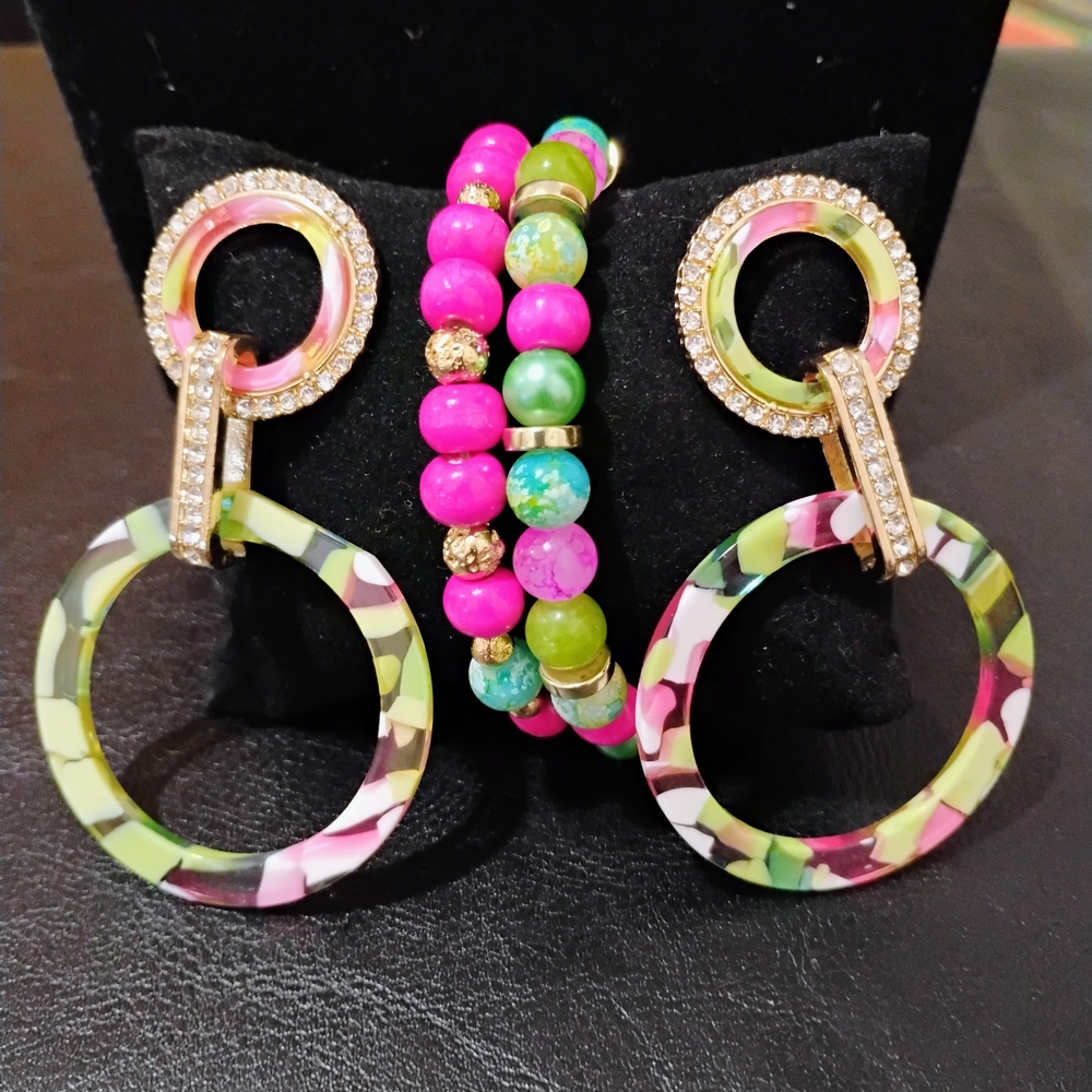 Colorful Hoop Earrings and Beaded Bracelet Set